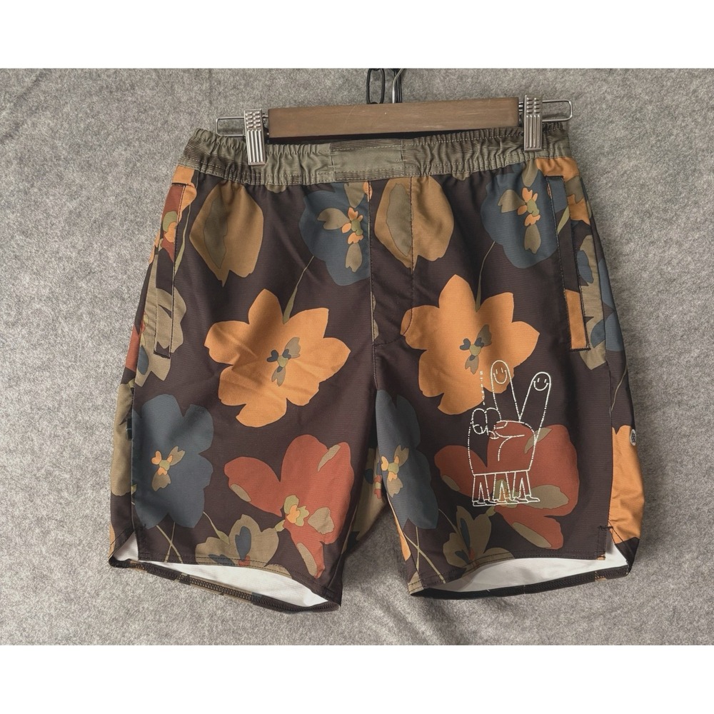Stance Complex Shorts Mens Sz S Brown Floral Drawstring Zip Pocket Stretch‎ Logo